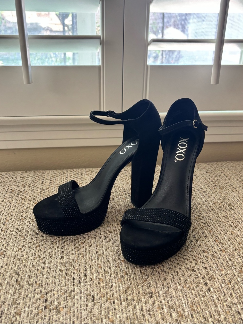 XOXO Black Platform Ankle-Strap Block Heels with Black Sparkle